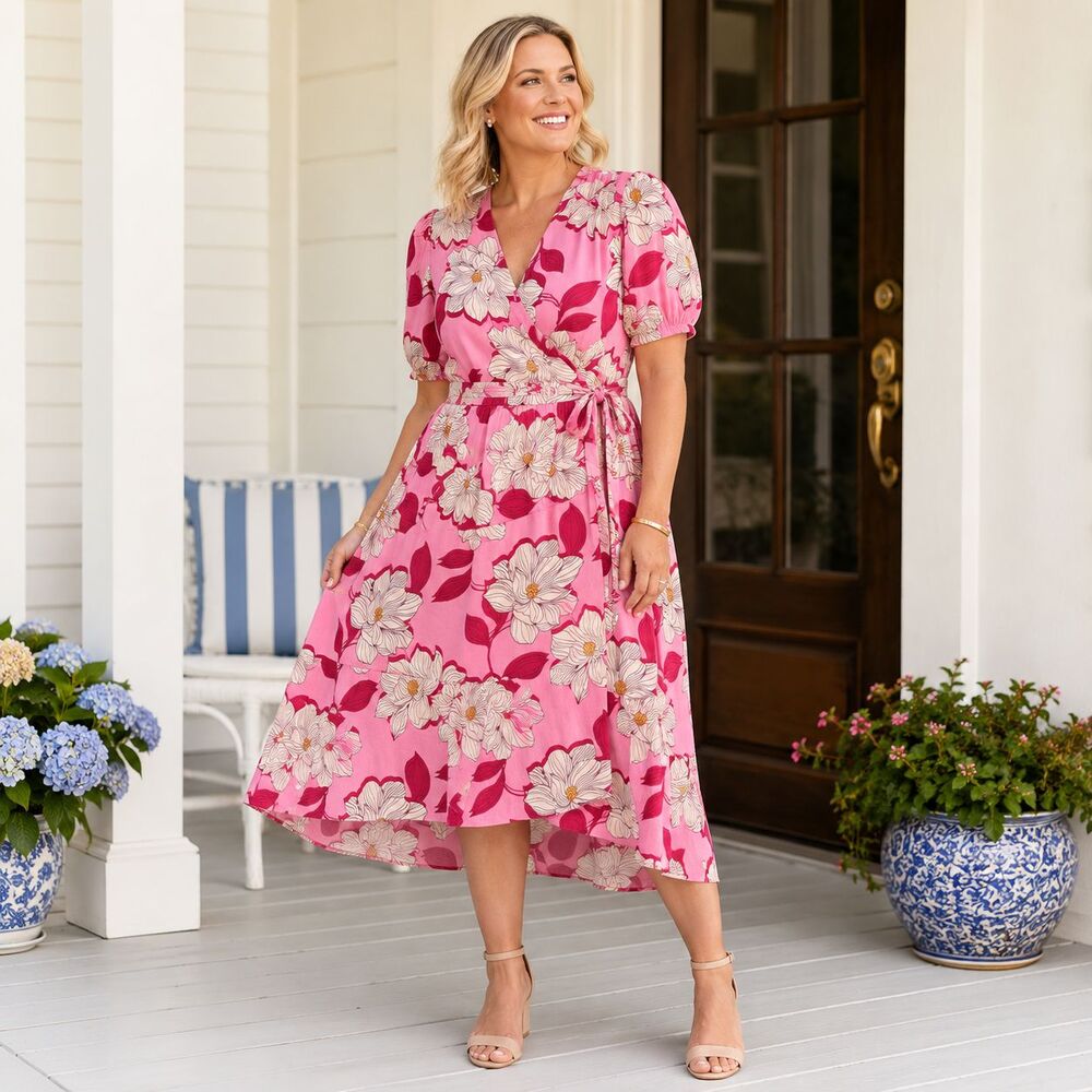 Draper James Wrap Midi Dress L Pink Floral Puff Sleeve Tie Waist Lined Feminine